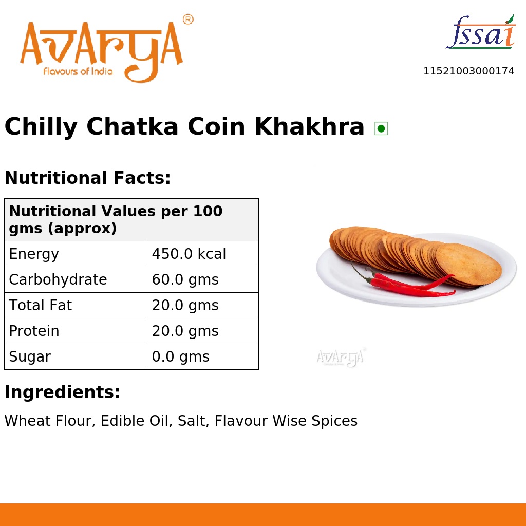 Ingredients And Nutrition Facts Of Chilly Chatka Coin Khakhra