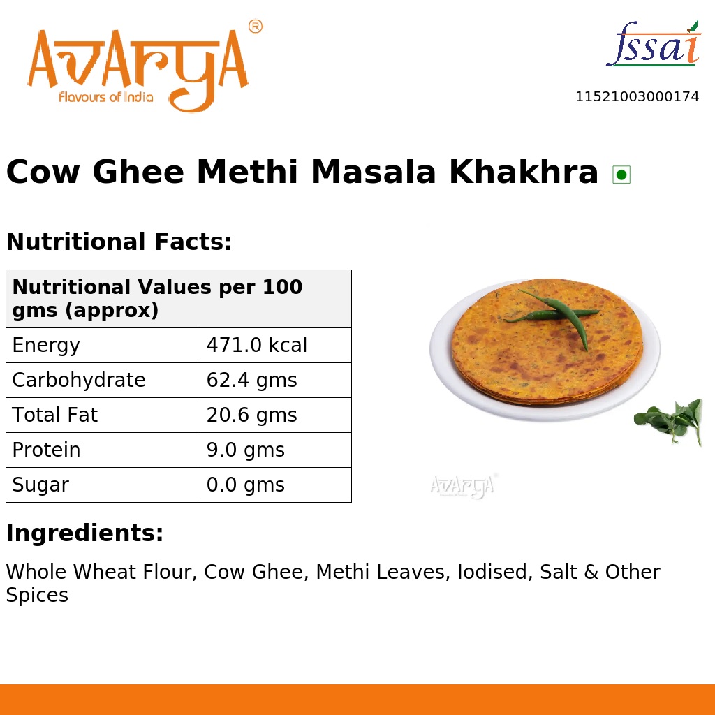 Ingredients And Nutrition Facts Of Cow Ghee Methi Masala Khakhra