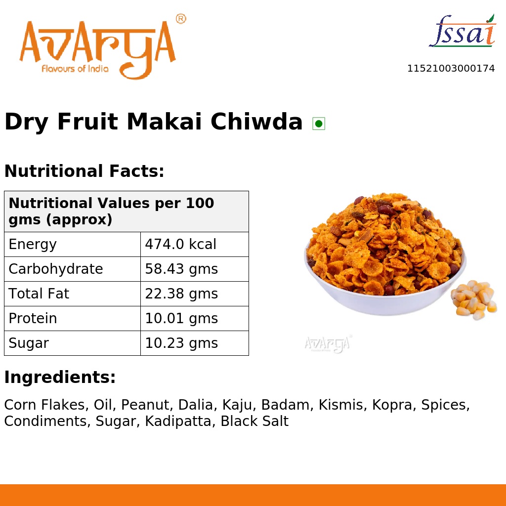 Ingredients And Nutrition Facts Of Dry Fruit Makai Chiwda