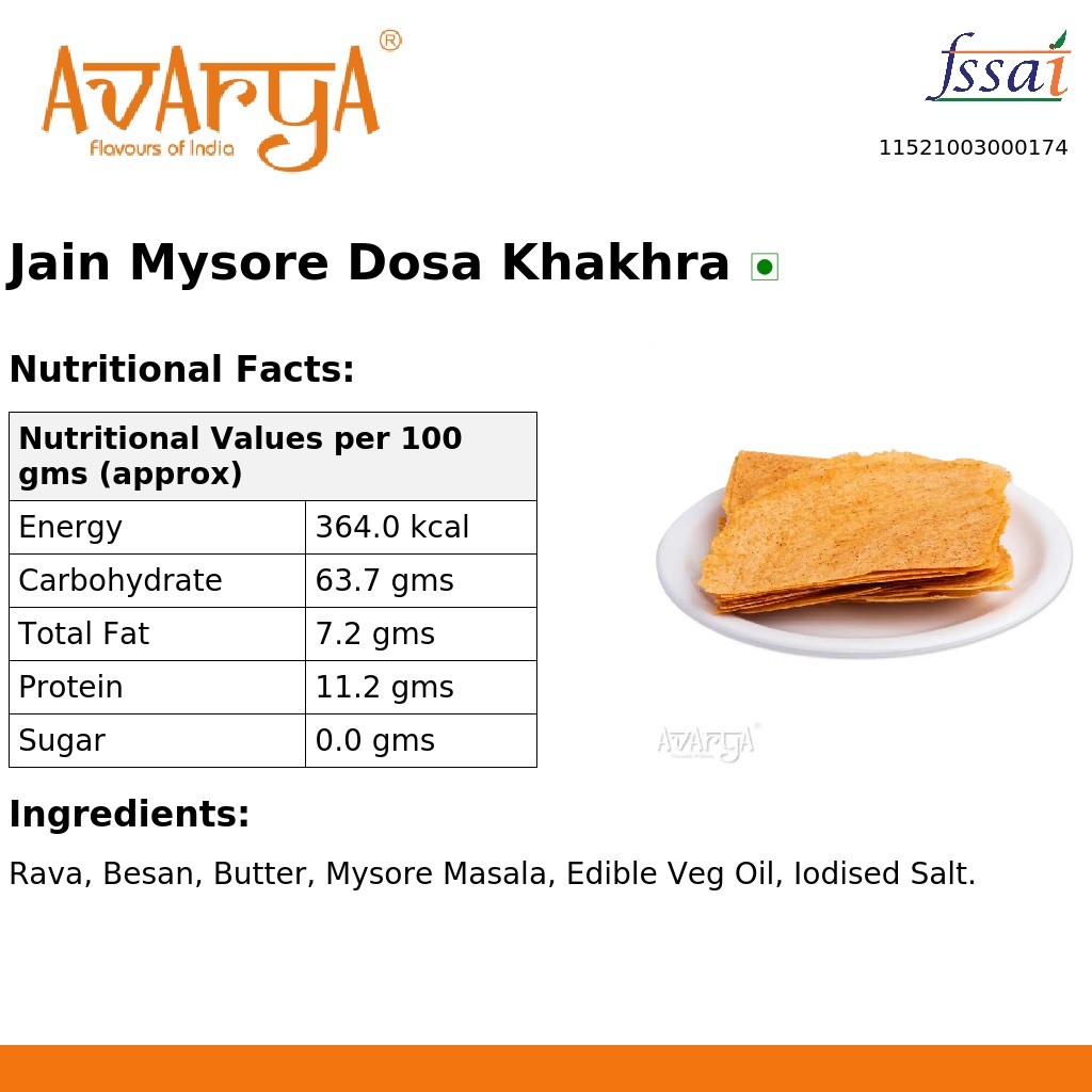 Ingredients And Nutrition Facts Of Jain Mysore Dosa Khakhra