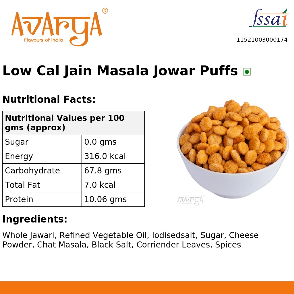 Ingredients And Nutrition Facts Of Low Cal Jain Masala Jowar Puffs