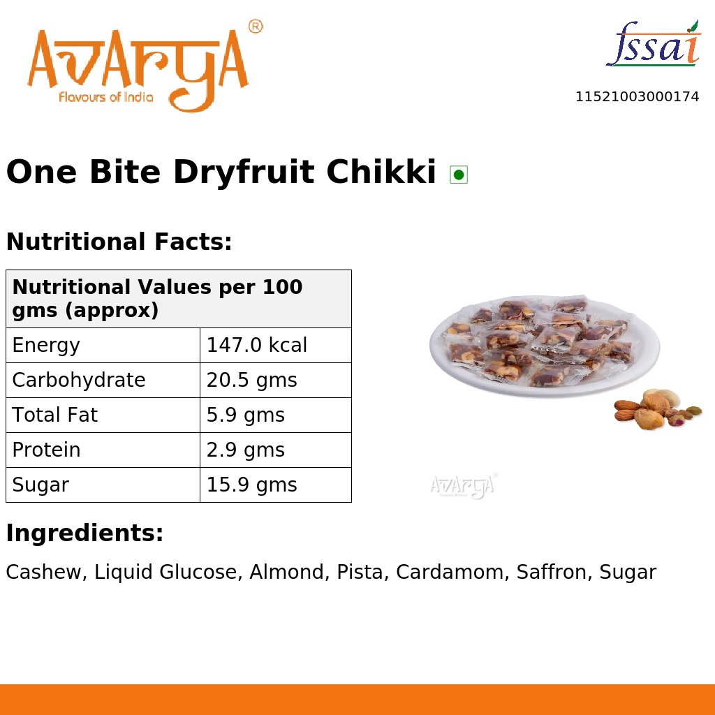 Ingredients And Nutrition Facts Of One Bite Dryfruit Chikki