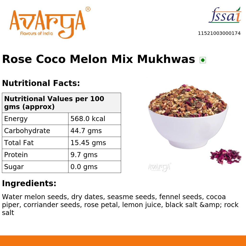 Ingredients And Nutrition Facts Of Rose Coco Melon Mix Mukhwas