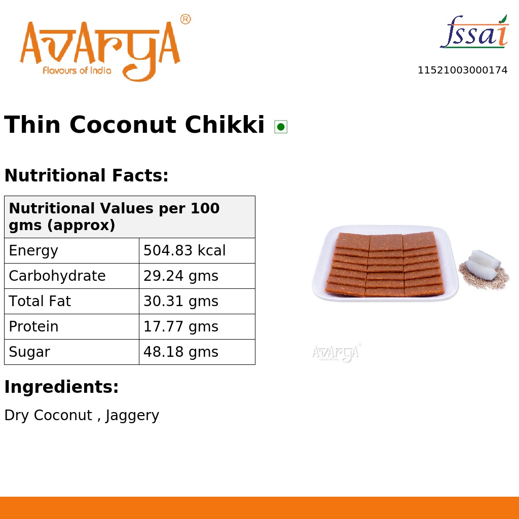 Ingredients And Nutrition Facts Of Thin Coconut Chikki