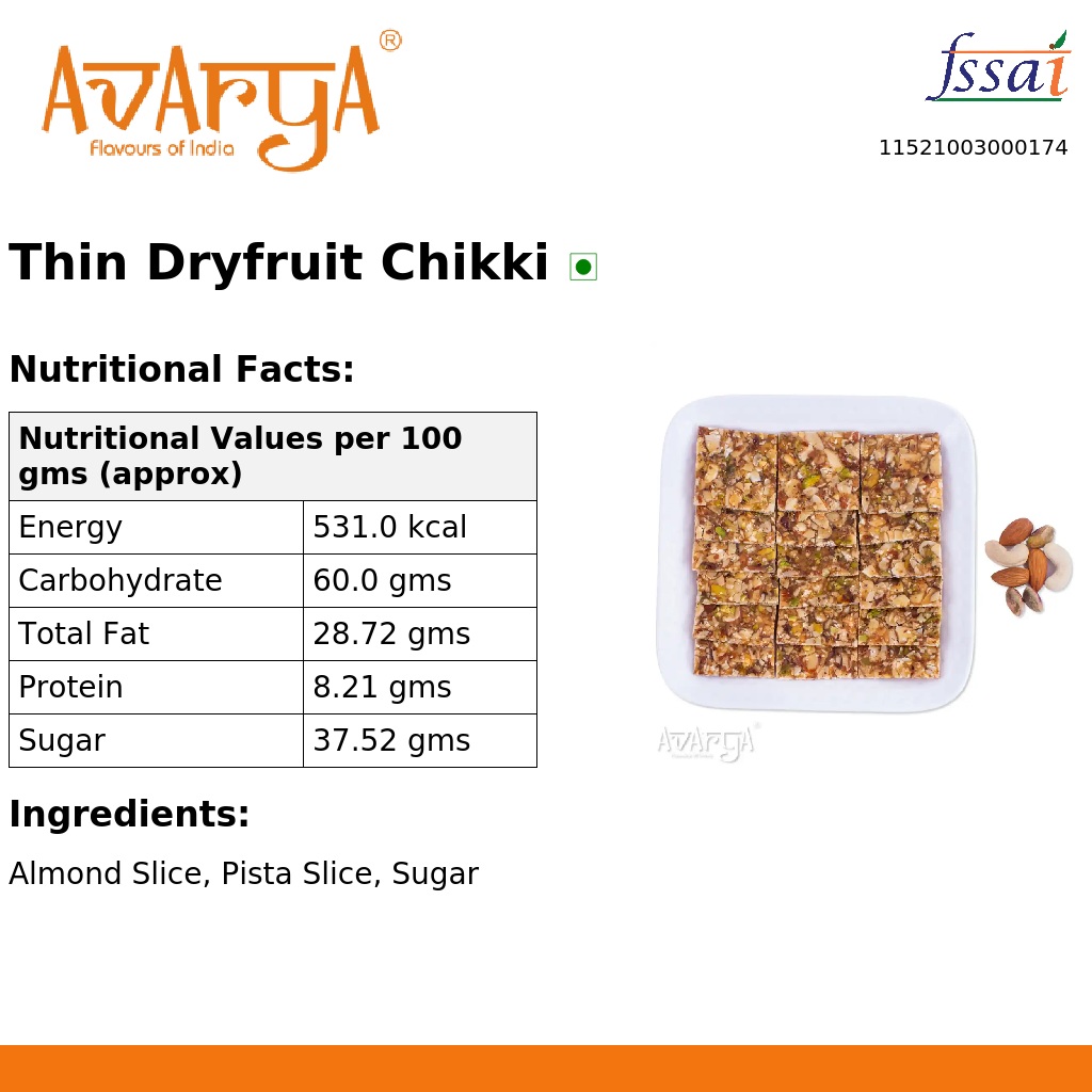 Ingredients And Nutrition Facts Of Thin Dryfruit Chikki